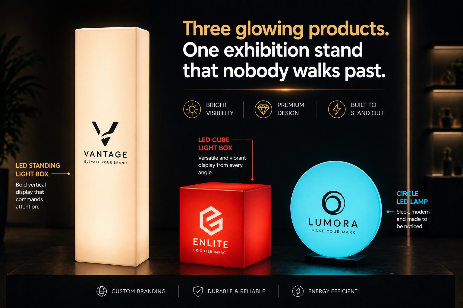Three glowing products. One exhibition stand that nobody walks past.
