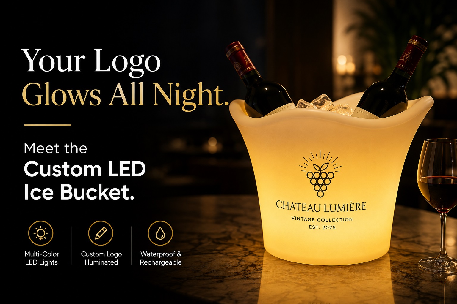 Your Logo Glows All Night. Meet the Custom LED Ice Bucket.