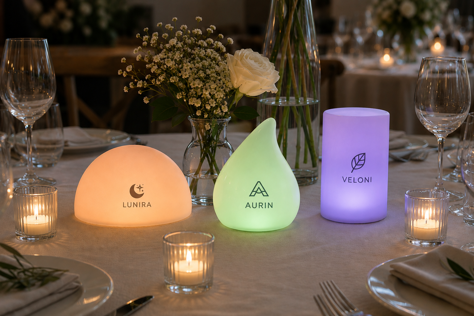 Custom LED Table Centres and Lamps for UK Hospitality, Weddings and Events